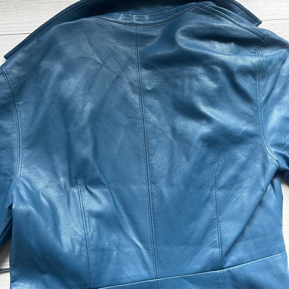 Oak + Fort Faux Leather Wrap Midi Dress in Teal Blue - Picture 4 of 5